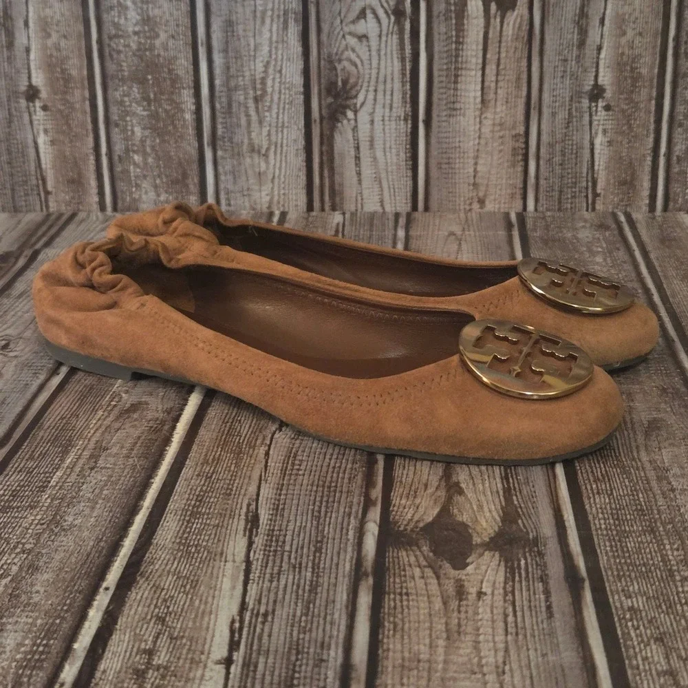 Sz 9 M Tory Burch Reva Brown Suede Gold Logo Medallion Ballet Flats VGUC!